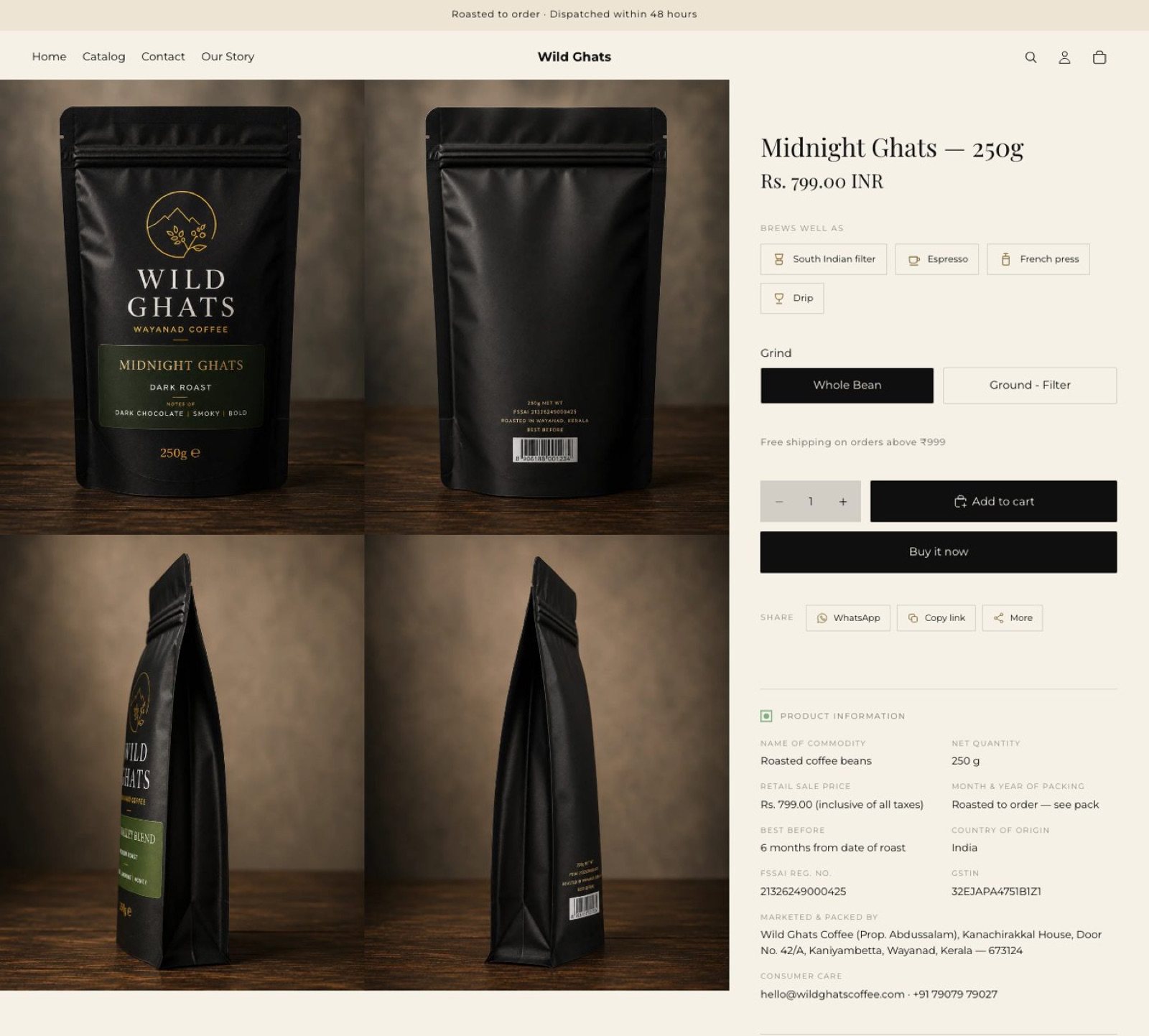 Product page with grind options